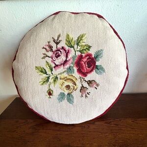 Round French Cottage Core Rose Multicolor Needlepoint Embroidered Pillow